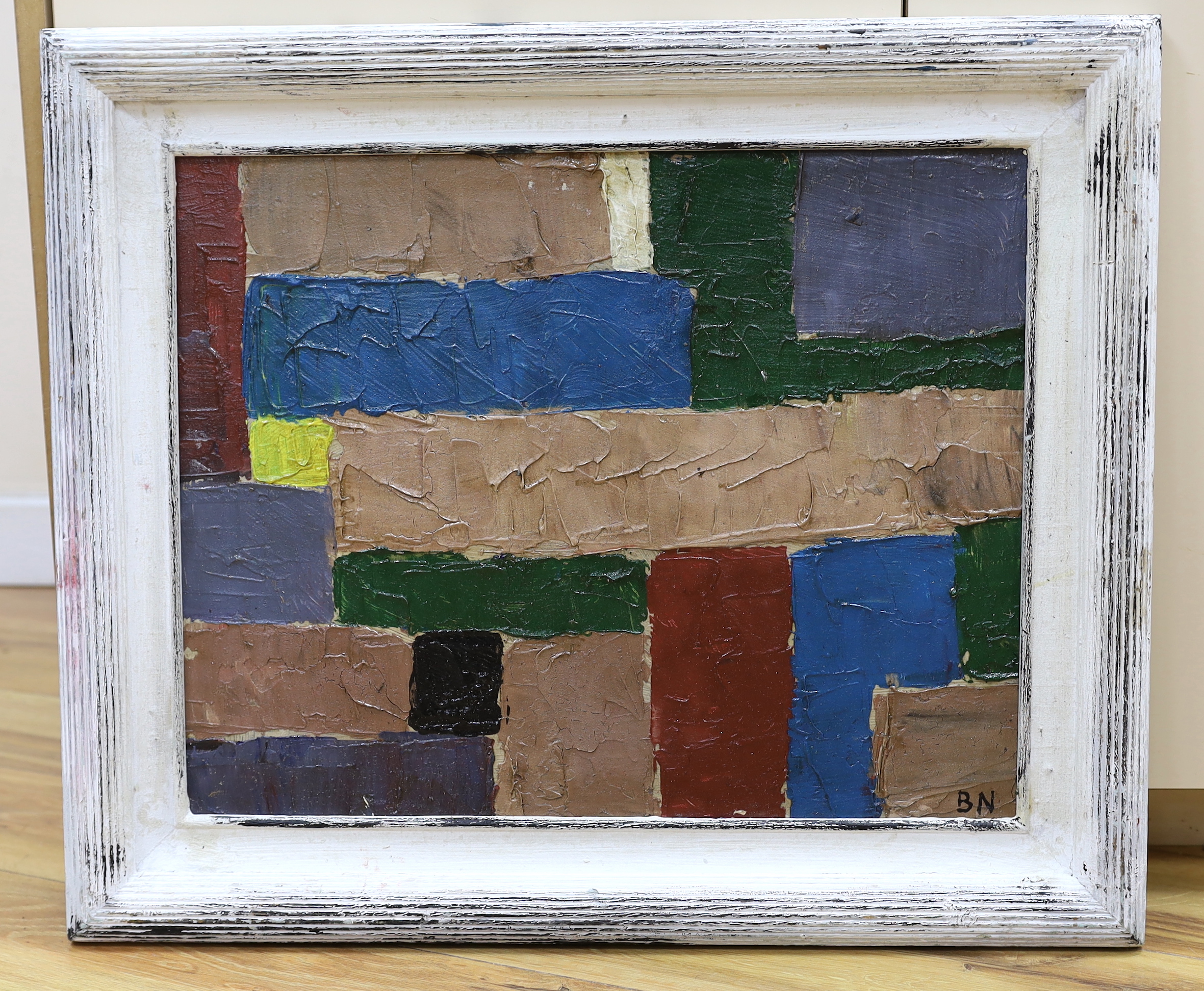 After Ben Nicholson (1894-1982) impasto oil on board, Abstract composition, geometric shapes, 49 x 39cm